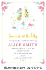 Brunch And Bubbly Invitation Template. Bridal Shower Background Decorated With Two Champagne Glasses And Roses. Vector 10 EPS.
