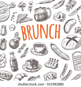 Brunch card with elements of kitchen. Hand drawn vector illustration. Can be used for menu, cafe, restaurant, bar, poster, banner, emblem, sticker, placard and other design.