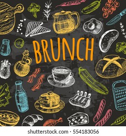 Brunch card with elements of kitchen. Hand drawn vector illustration on the chalkboard. Can be used for menu, cafe, restaurant, bar, poster, banner, emblem, sticker, placard and other design.