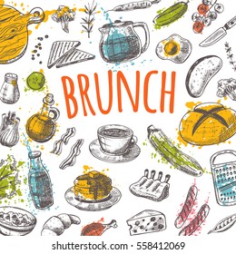 Brunch card with elements of kitchen. Hand drawn vector illustration on the watercolor splashes. Can be used for menu, cafe, restaurant, bar, poster, banner, emblem, sticker, placard and other design.