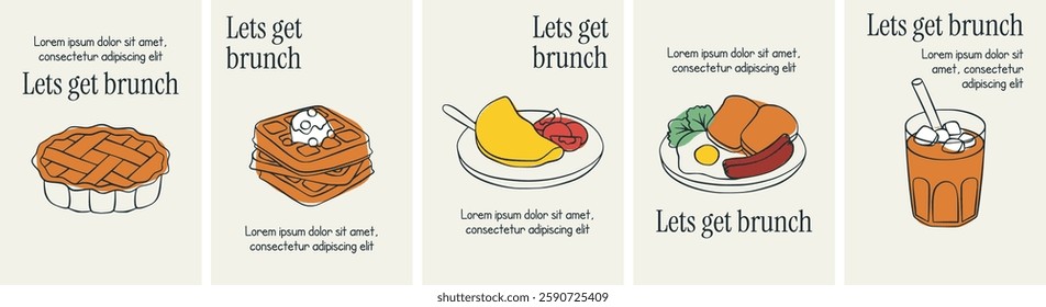 Brunch doodle designs with minimal line art, featuring playful breakfast dishes, modern typography, and a cozy morning vibe for a cheerful visual appeal.