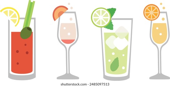 Brunch drinks, cocktail icons. Isolated vector illustration. 