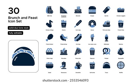 Brunch and Feast Solid Duo Tone Icon Set: Breakfasts, Buffets, Festive Meals, and Celebratory Feasts