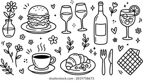 Brunch Food and Drinks Set Naive Doodle Illustration Vector set.