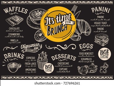 Brunch food menu for restaurant and cafe. Design template with hand-drawn graphic illustrations.