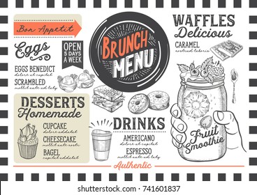 Brunch food menu for restaurant and cafe. Design template with hand-drawn graphic illustrations.