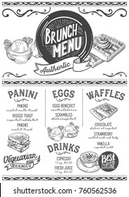 Menú brunch para restaurante y cafetería. Plantilla de diseño con ilustraciones gráficas dibujadas a mano.