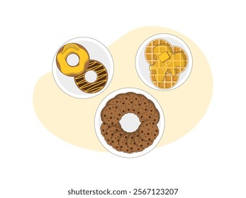 Brunch food. brunch set, meal variety waffle, doughnut, and cookies.
design, vector, illustration 