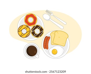 Brunch food. brunch set, meal variety toast, egg, sausage, doughnut and coffee.
design, vector, illustration 