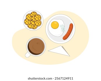 Brunch food. brunch set, meal variety egg, sausage, cookies and coffee.
design, vector, illustration 