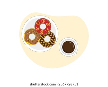 Brunch food. brunch set, meal variety doughnut and coffee.
design, vector, illustration