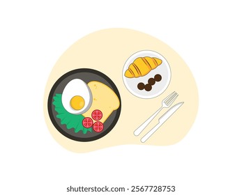 Brunch food. brunch set, meal variety toast with egg and tomato, another plate is croissant and blueberry.
design, vector, illustration