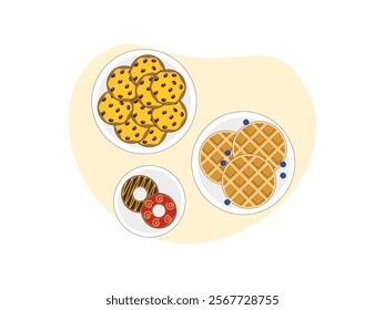 Brunch food. brunch set, meal variety waffle with blueberry, cookies and doughnut.
design, vector, illustration