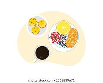 Brunch food. brunch set, meal variety yogurt with fruits like berries and oranges, another plate is some bread, and cup of coffee.
design, vector, illustration 