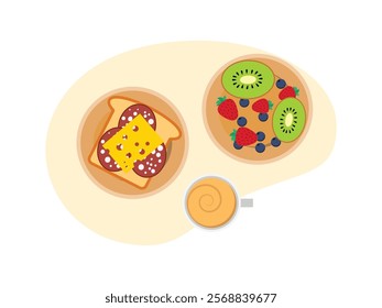 Brunch food. brunch set, meal variety toast with pepperoni and cheese, another plate is pancake with fruits, and cup of milk coffee.
design, vector, illustration 