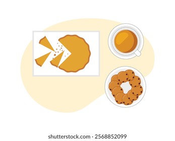 Brunch food. brunch set, meal variety pie, another plate is cookies and cup of milk coffee.
design, vector, illustration 