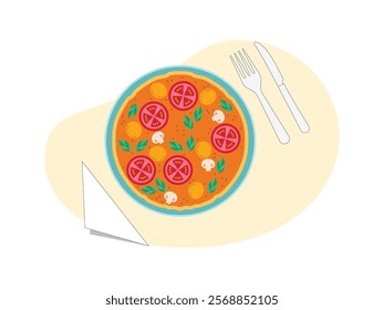 Brunch food. brunch set, meal variety pizza with topping mushrooms, tomato and meat.
design, vector, illustration 
