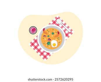 Brunch food. brunch set, meal variety
mushroom soup with shrimp, broccoli,boiled egg, and cup of juice.
design, vector, illustration 