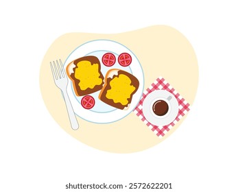 Brunch food. brunch set, meal variety
toast with chocolate and cheese and cup of coffee.
design, vector, illustration