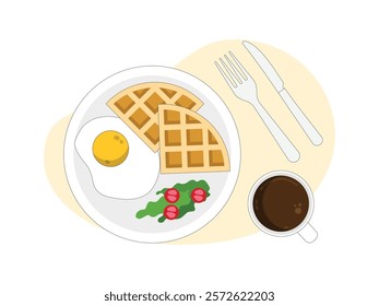 Brunch food. brunch set, meal variety
waffle with egg and some vegetable, and cup of coffee.
design, vector, illustration