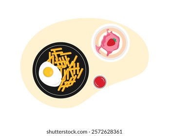 Brunch food. brunch set, meal variety
French fries with egg, another plate is pancake with strawberry syrup and cup of strawberry juice.
design, vector, illustration