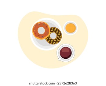 Brunch food. brunch set, meal variety
doughnut, some crackers and cup of coffee.
design, vector, illustration