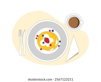 Brunch food table. Festive brunch set, meal variety with pancake,coffee, strawberry and blueberry.
design, vector, illustration 