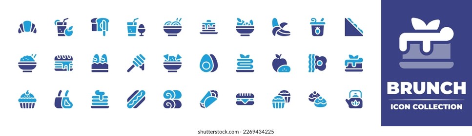 Colección de iconos de Brunch. Color de duotona. Ilustración vectorial. Con croissant, zumo de naranja, pan, limonada, fideos, crepes, macedonia, banana, yogur, sándwich, arroz, baguette, miel, nachos.