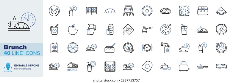 Brunch icon set. Editable line icons coffee, croissant, donut, breakfast vector illustration