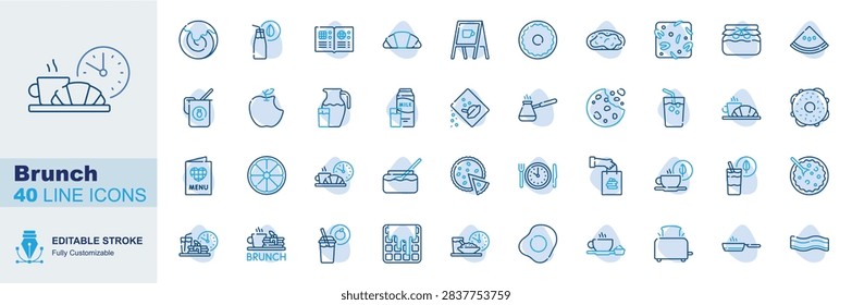  Brunch icon set. Editable line icons coffee, croissant, donut, breakfast and egg vector illustration