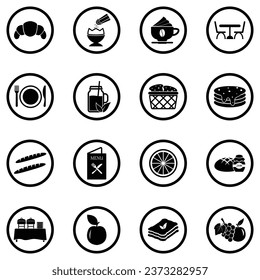 Brunch Icons. Black Flat Design In Circle. Vector Illustration.