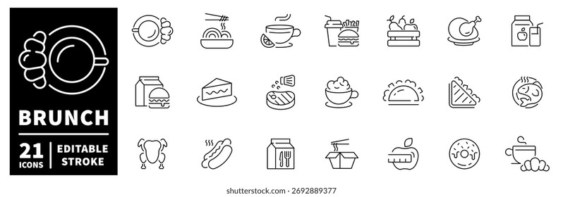 Brunch icons set. line style, editable line icons, breakfast and food symbols