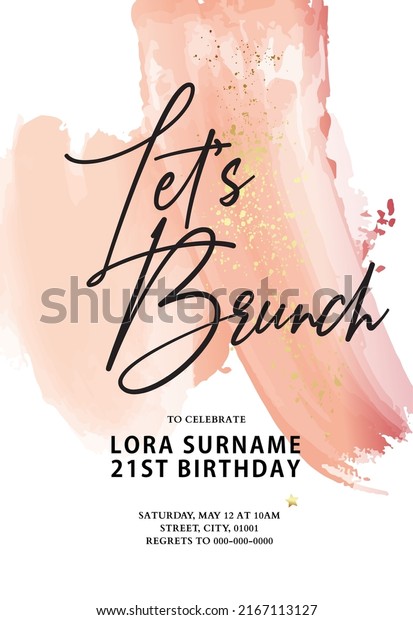 Brunch\
invitation birthday greeting card, anniversary greeting card pink\
coral orange pastel minimalist gold\
card