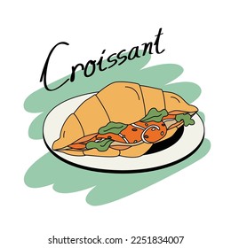 Brunch menu in doodle styles. Croissant sandwich with salmon and vegetables inside. 