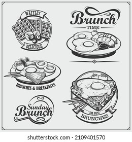 Brunch menu labels, icons and design elements. Delicious pancake, waffles, eggs and sandwich.