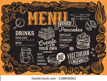 Brunch menu template for restaurant on a blackboard background vector illustration brochure for food and drink cafe. Layout with vintage lettering and frame of hand-drawn graphic vegetables.