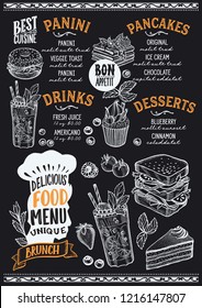 Plantilla de menú de brunch para el restaurante en una pizarra de fondo, folleto ilustrativo vectorial para la comida gourmet y el café de bebidas. Diseño con letras de sombrero de chefs y gráfico dibujado a mano.