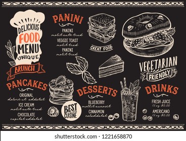 Brunch menu template for restaurant on a blackboard background vector illustration brochure for gourmet food and drink cafe. Design layout with vintage chefs hat lettering and hand-drawn graphic.