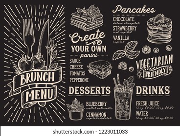 Brunch menu template for restaurant on a blackboard background vector illustration brochure for food and drink cafe. Design layout with vintage lettering and doodle hand-drawn graphic.