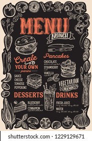 Brunch menu template for restaurant on a blackboard background vector illustration brochure for food and drink cafe. Design layout with vintage lettering and frame of hand-drawn graphic vegetables.