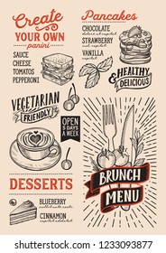 Brunch menu template for restaurant on a beige background vector illustration brochure for food and drink cafe. Design layout with vintage lettering and doodle hand-drawn graphic icons.