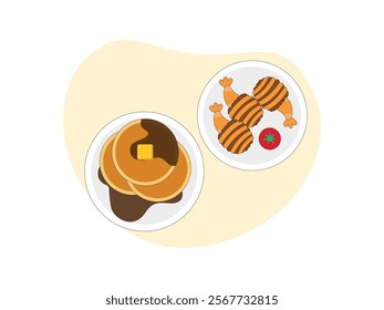 Brunch, pancake with chocolate jam and butter, another plate is tempura shrimp.
design, vector, illustration