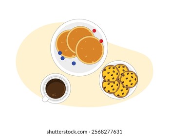 Brunch, pancake with some fruit, another plate is cookies, and cup of coffee.
design, vector, illustration