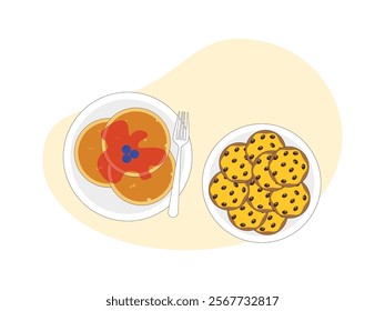 Brunch, pancake with strawberry jam and blueberry, another plate is cookies.
design, vector, illustration