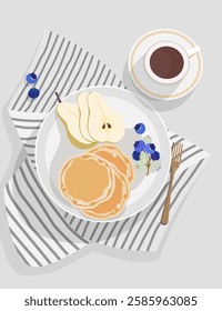 Brunch with pancakes, pear and berries. Coffee on the table. Vector illustration.