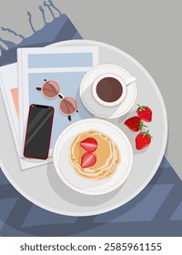 Brunch pancakes with strawberries and pears. Coffee, phone and newspaper on the table. Vector illustration.