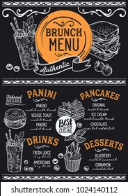 Brunch restaurant menu. Vector food flyer for bar and cafe. Design template with vintage hand-drawn illustrations.