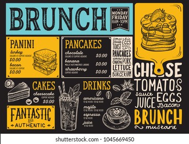 Brunch restaurant menu. Vector food flyer for bar and cafe. Design template with vintage hand-drawn illustrations.