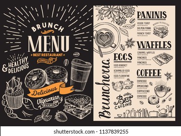 Brunch restaurant menu. Vector food flyer for bar and cafe. Design template on blackboard background with vintage hand-drawn illustrations.
