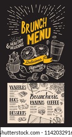 Brunch restaurant menu. Vector food flyer for bar and cafe. Design template with vintage hand-drawn illustrations on chalkboard background.